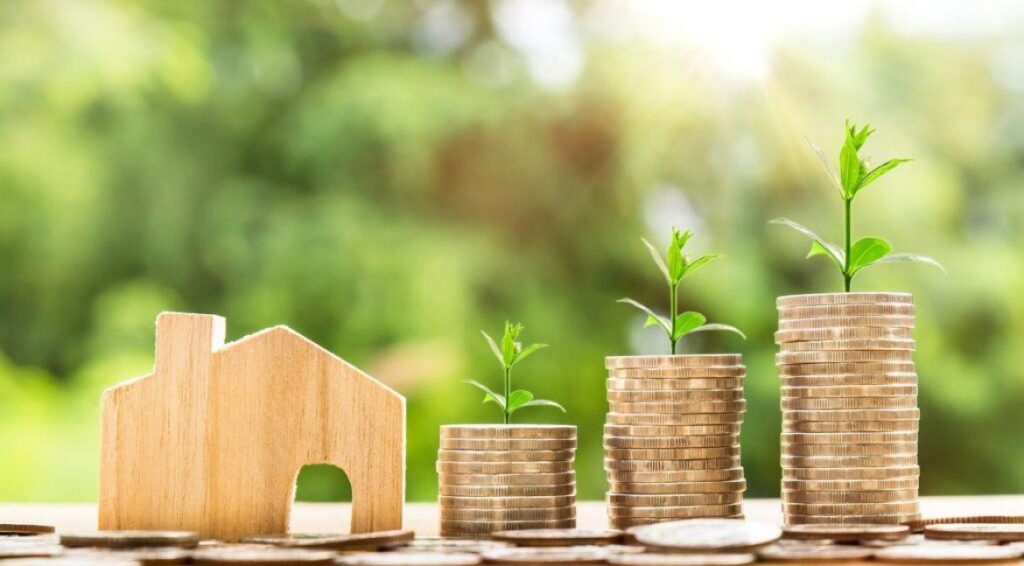 house model with coins and plants stacked next to it