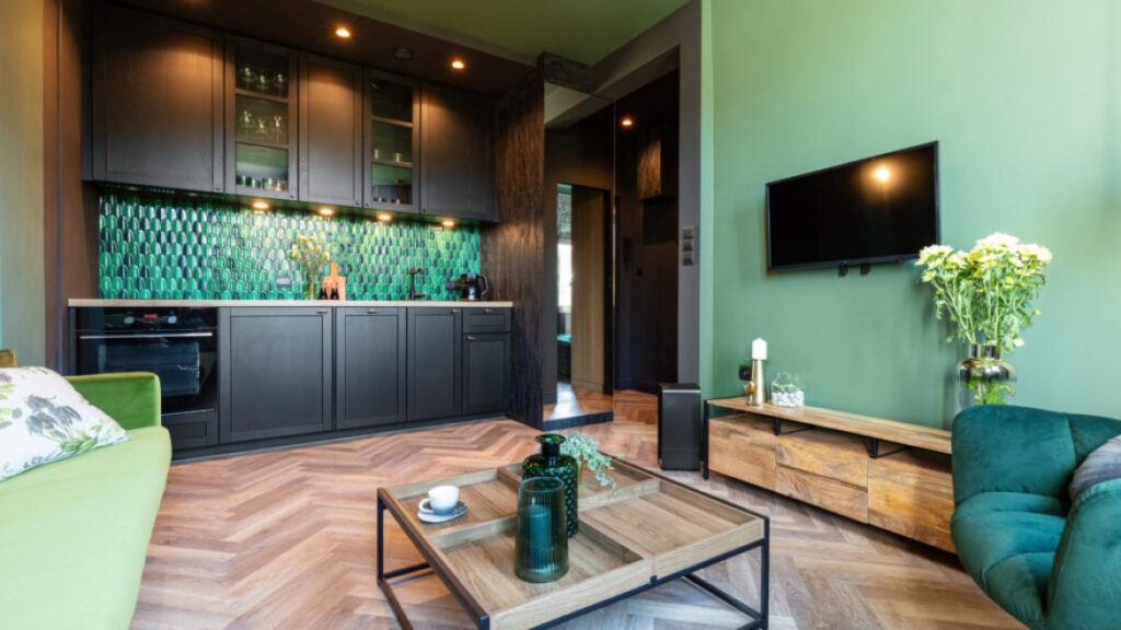 interior room with green walls and matching furniture