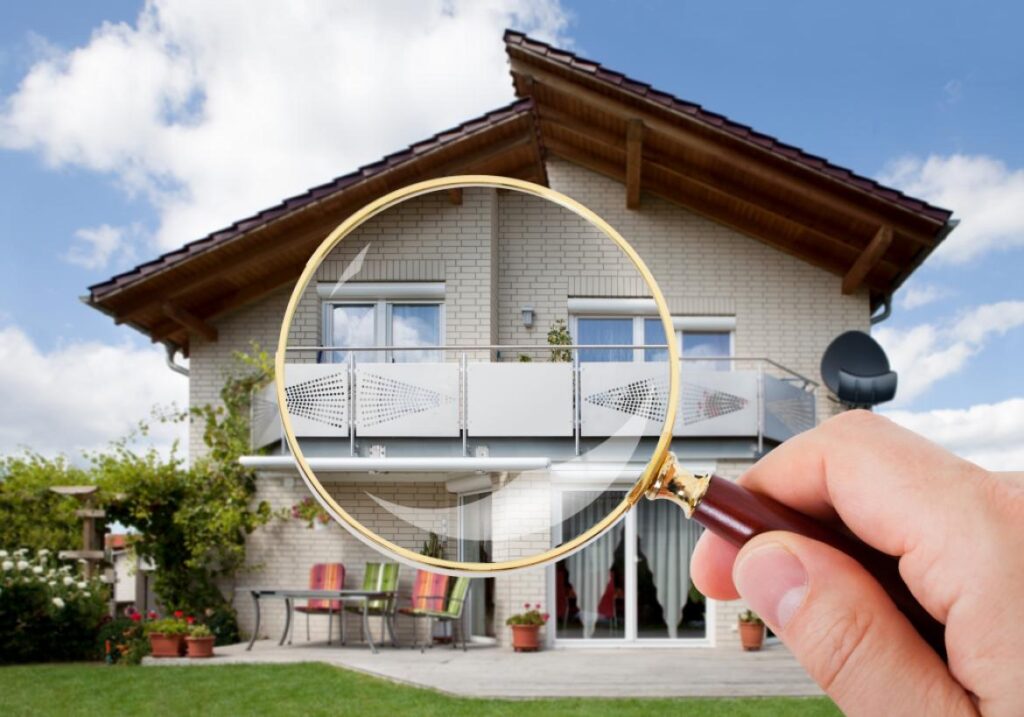 hand holding a magnifying glass looking at house