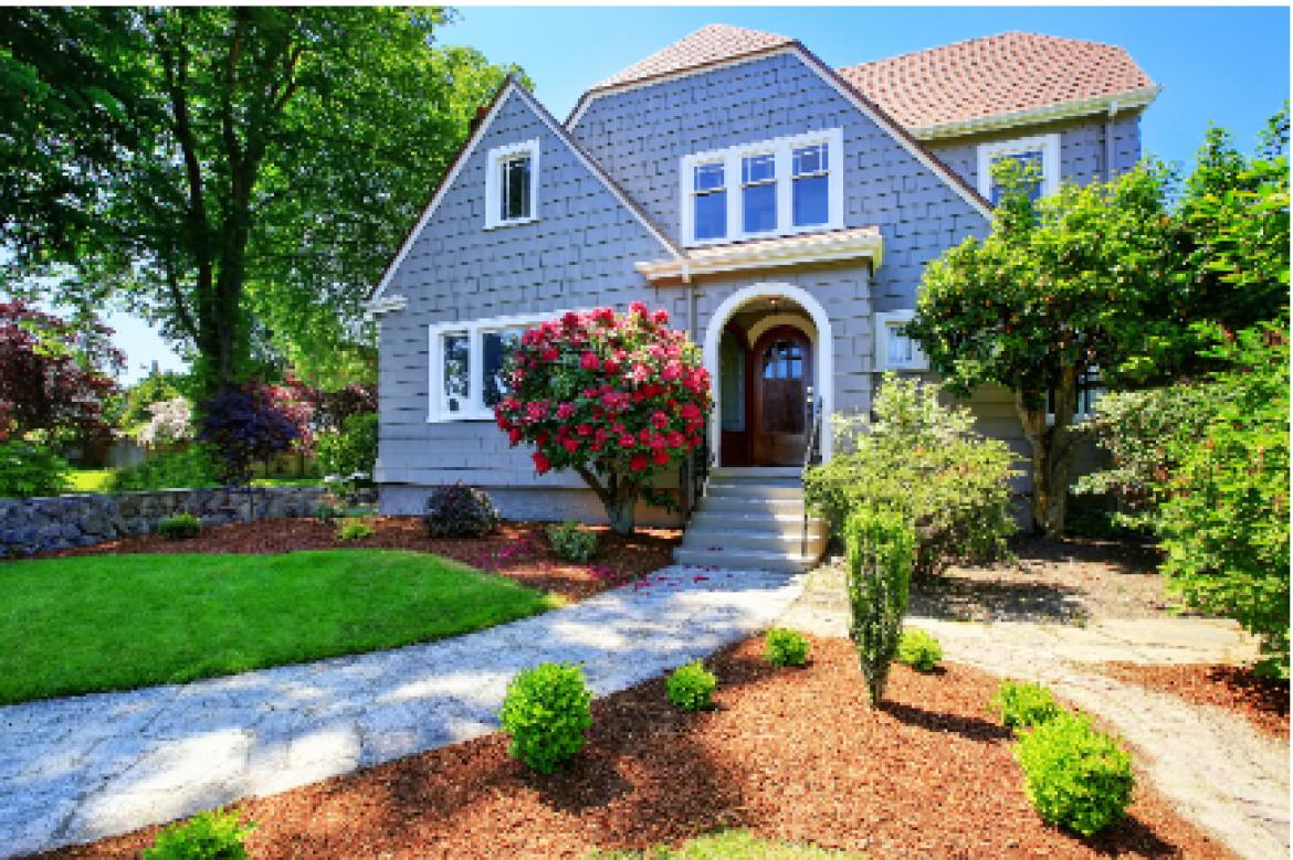 landscaped yard with house in background